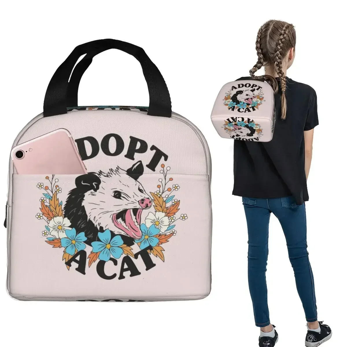 Adopt A Cat Funny Opossum Screm Animal Insulated Lunch Bag for Women Children Leakproof Food Boxes Thermal Lunch Box Tote