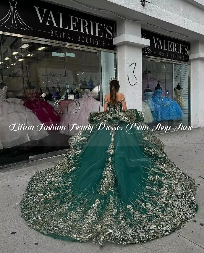 Verde Esmeralda brillante princesa vestidos de quinceañera sin hombros de lujo Gillter apliques vestidos de 15 quinceañera personalizado