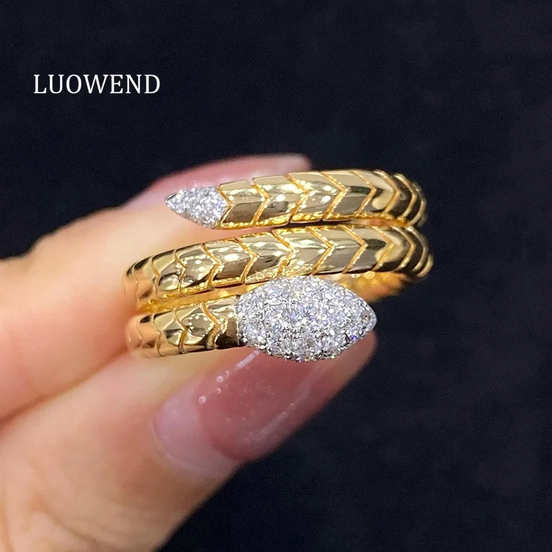 LUOWEND 100% 18K Yellow Gold Rings Real Natural Diamond Engagement Ring for Women Fashion Snake Shape High Party Jewelry