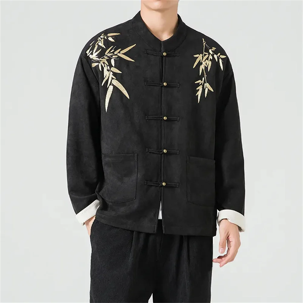 

Autumn and winter new Chinese style Tang suit bamboo leaf embroidery suede jacket menswear new Chinese button coat tide