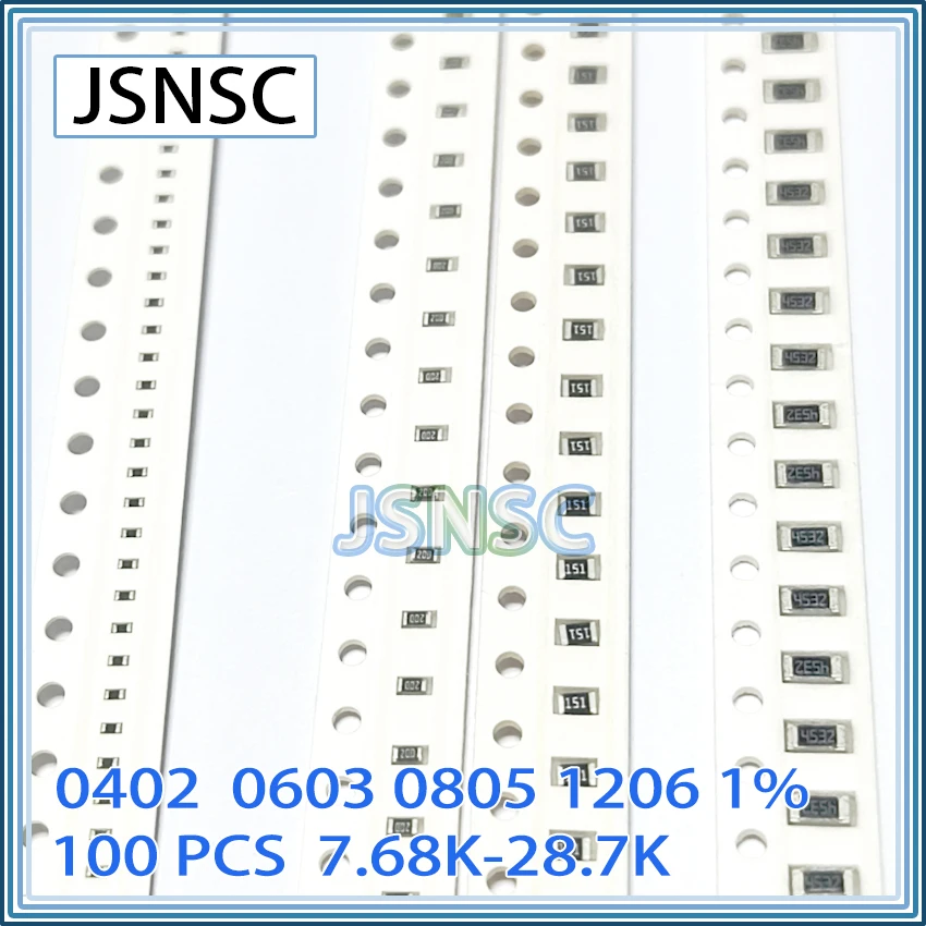 JSNSC 0402 0603 0805 1206 1% 100 szt. rezystor 7,68K 8,2K 9,1K 10K 10,2K 10,5K 11K 12K 13K 14,3K 15K 16K 18K 20K 22K 24K 27K 28,7K