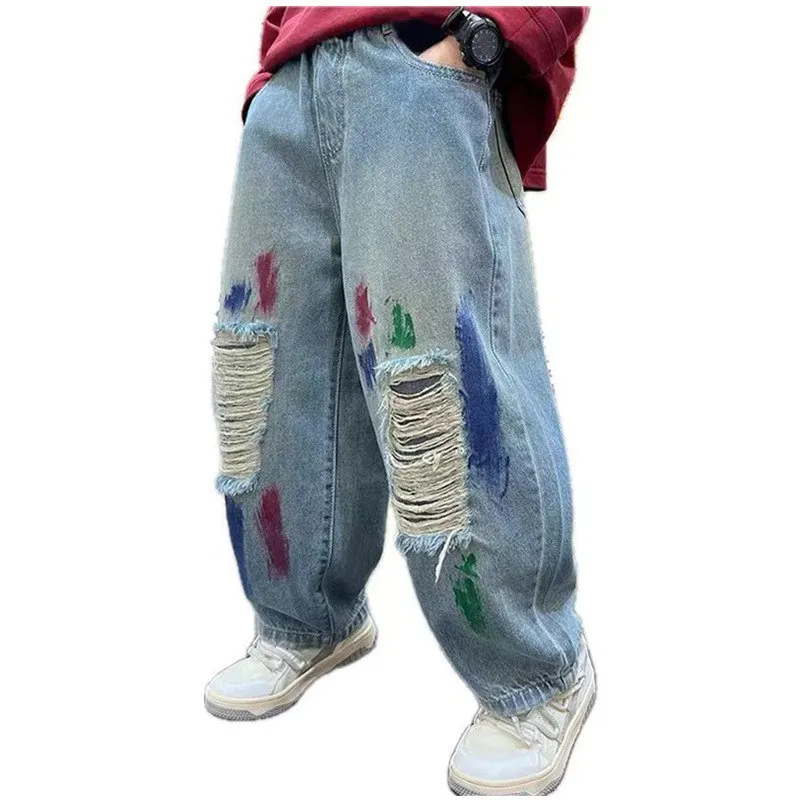 

2024 Ripped Hole Jeans For Boys Spring Autumn New Arrivals High Quality Broken Trousers Teenage Boys Casual Clothing 5 To 14Yrs