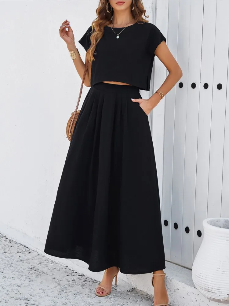 Spring Summer Women New Solid Color Casual Sleeveless Short Split Top With Pocket Fashionable Folded Long Skirt Comfortable Set