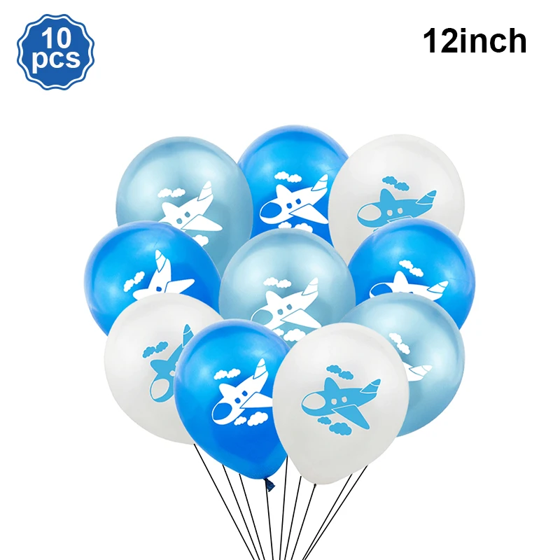 Airplane Party Decoration 12Inch Blue White Latex Balloons Big Plane Foil Cloud Balloon Set for Kids Boys Aviator Theme Birthday