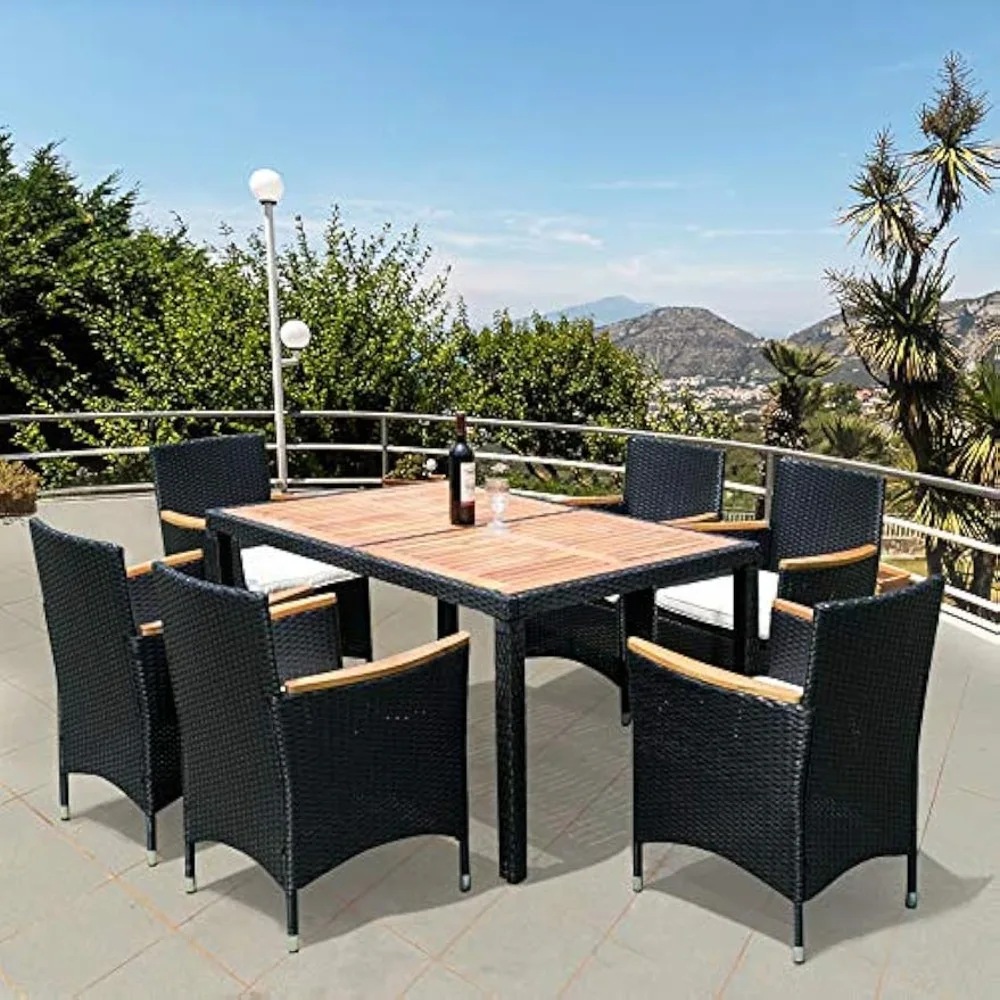 

7 Piece Patio Furniture Set, Outdoor Wicker Dining Set with Acacia Wood Table Top, Rattan Conversation Sets with Soft Cushions,