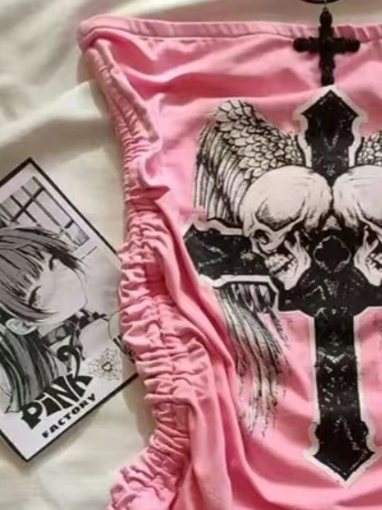 Summer Y2K Gothic Punk Pink Skeleton Print Dress Women Off Shoulder Design T-Shirt Dress Vintage Grunge Style Sexy Mini Dress