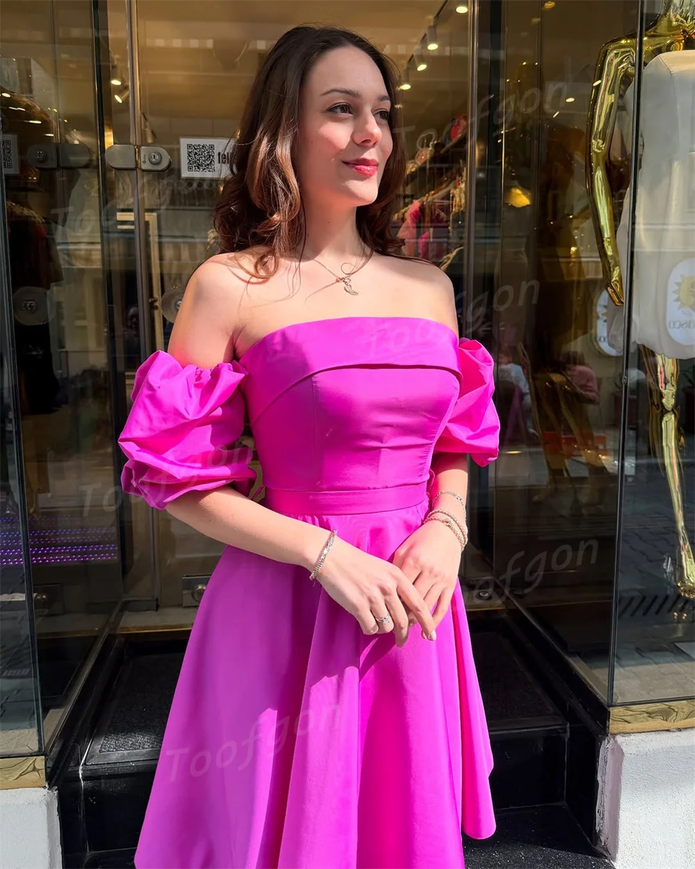 Toofgon Fuchsia Short Evening Dresses Elegant Satin A Line Formal Party Gowns Customized Women Knee Length Homecoming Dress