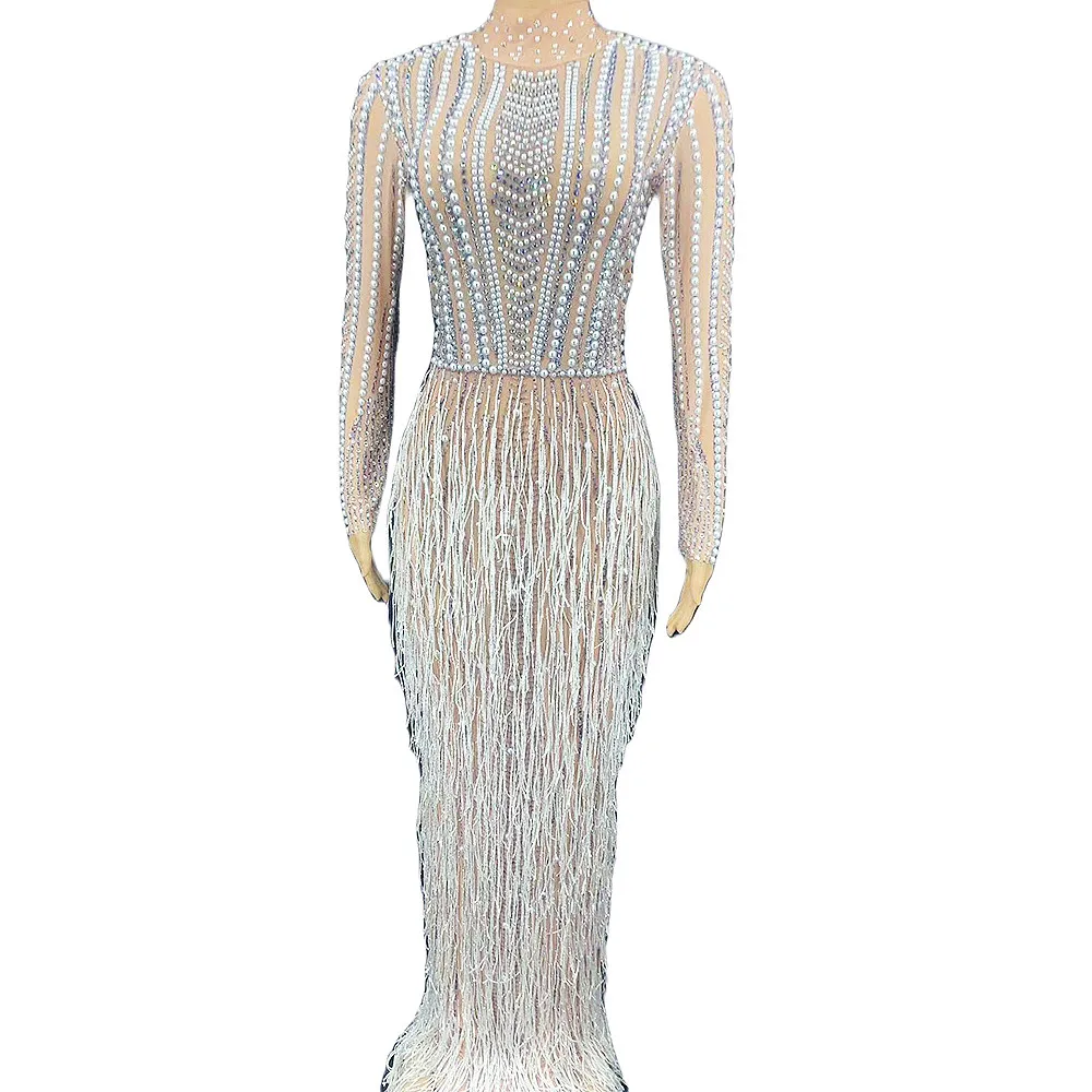 Shining Embellished Beaded Women Dress Tassel Split Floor Long Asymmetrical Nightclub Queen Costume DJ Singer Dance Stage Wear