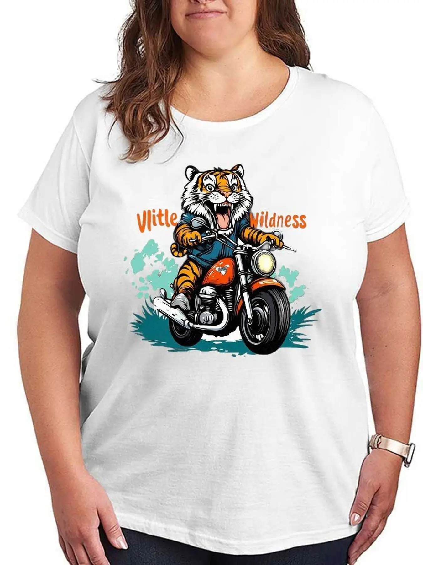 Tiger Riding Motorcycle Graphic T Shirt Women Little Wildness Print Fashion Casual Tops Stretchy Soft Short Sleeve Plus Size Tees view 4