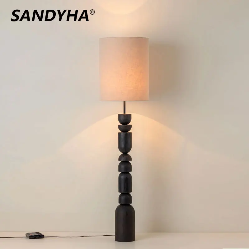 SANDYHA japońska lampa podłogowa z litego drewna Retro Design salon dekoracja sypialni oprawy oświetleniowe do nauki w domu abażur z tkaniny