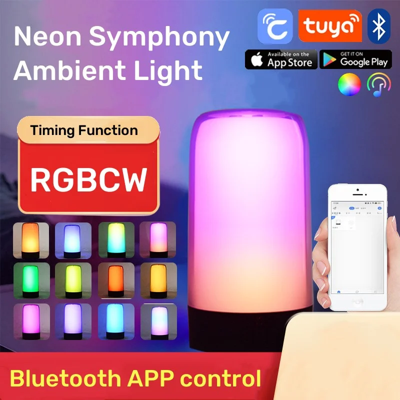 Smart Bluetooth APP Night Light RGBW Colorful Dimmable Small Desk Lamp Neon Symphony Music Ambient Light LED Bedside Table Lamps