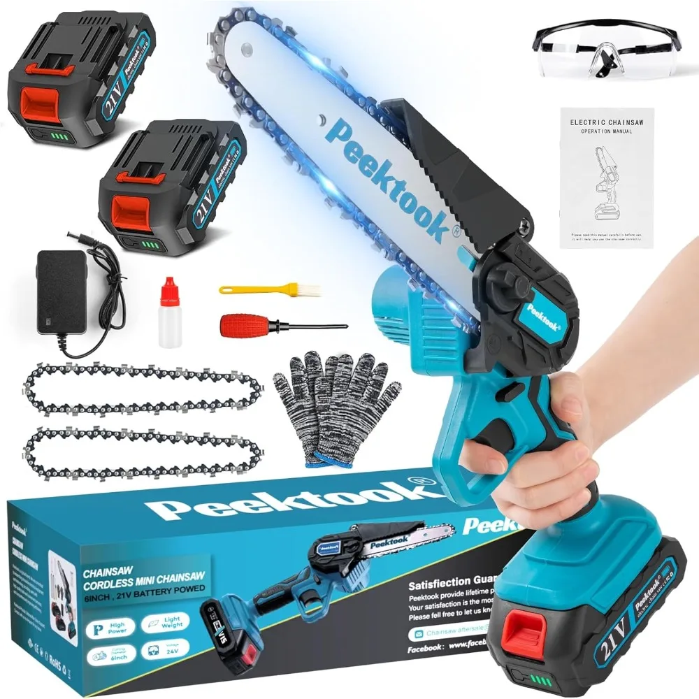 

Mini Chainsaw Cordless 6Inch, Chain Saw Electric Chainsaw Battery Chainsaw with 2 2.0Amh Battery & 2 Chains,