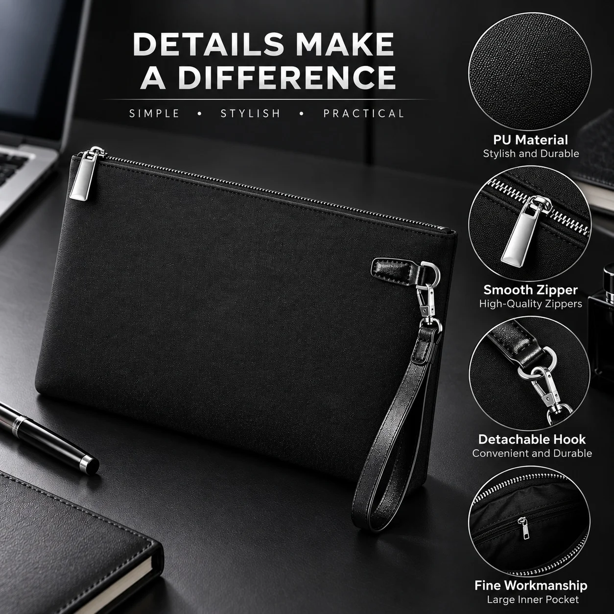 Herren-Clutch aus Kunstleder, große Handtasche mit Reißverschluss und abnehmbarem Trageriemen, geeignet für Geschäftsreisen, zum Aufbewahren von Telefon und Dokumenten. – Detail 4