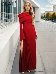 DEAT Fashion Women's Elegant Dress Folds Diagonal Collar Slim High Waist Side Slit Pleated Ankle-length Dresses Autumn 2024 New