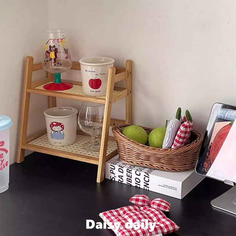 ins中国-古代籐色の二層デスクトップ収納ラック寮の寝室オフィスキッチンカップホルダー整理