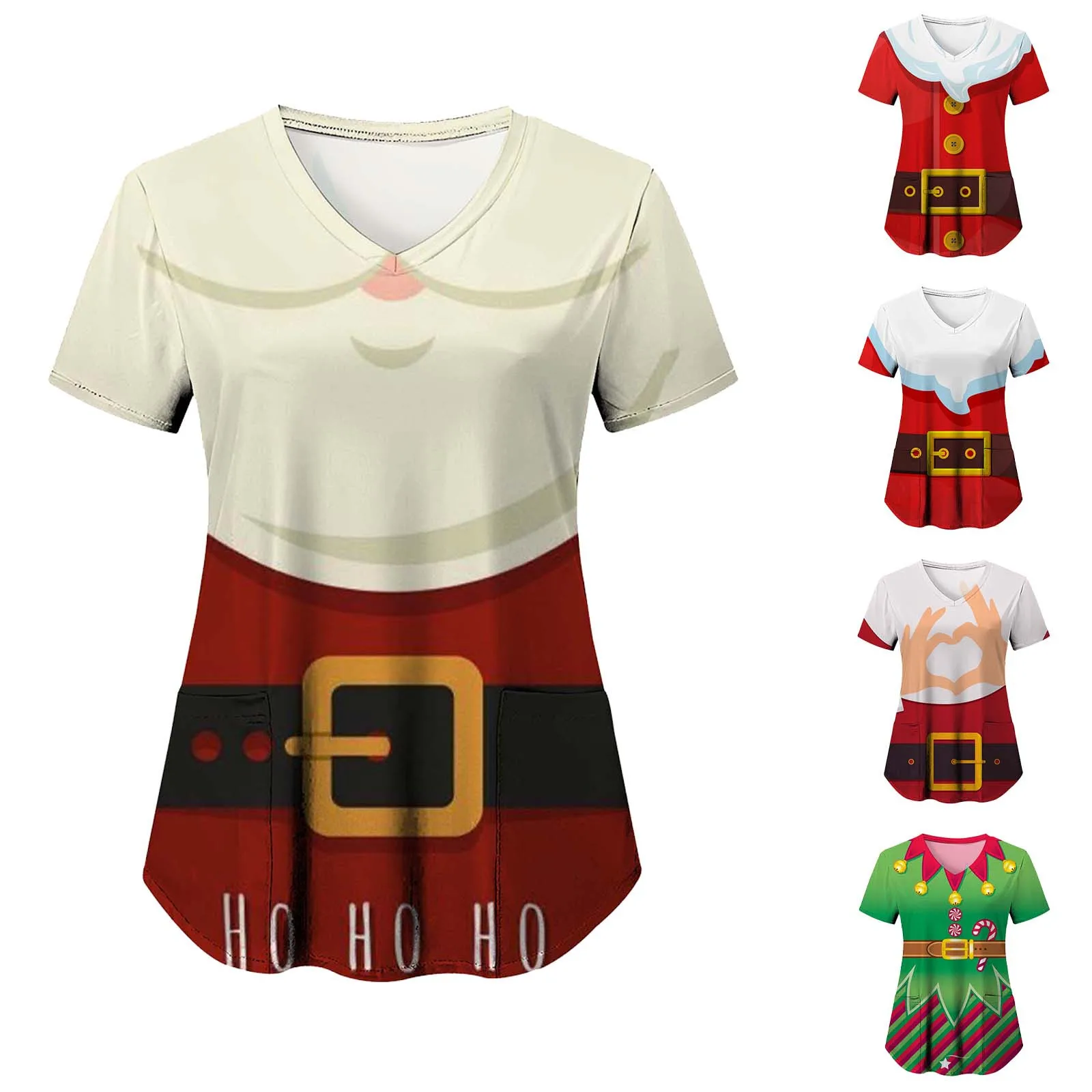 Christmas Scrubs Medical Uniforms Workwear Women Casual V Neck Short Sleeve Tops Blouse Santa Printed Working Nursing Uniform