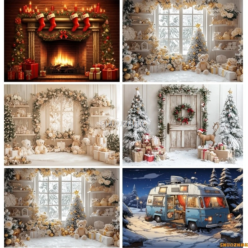 

New Year Christmas Day Festival Photography Backdrop Fireplace Living Room Gift Holiday Flowers Hall Wedding Background RS-30