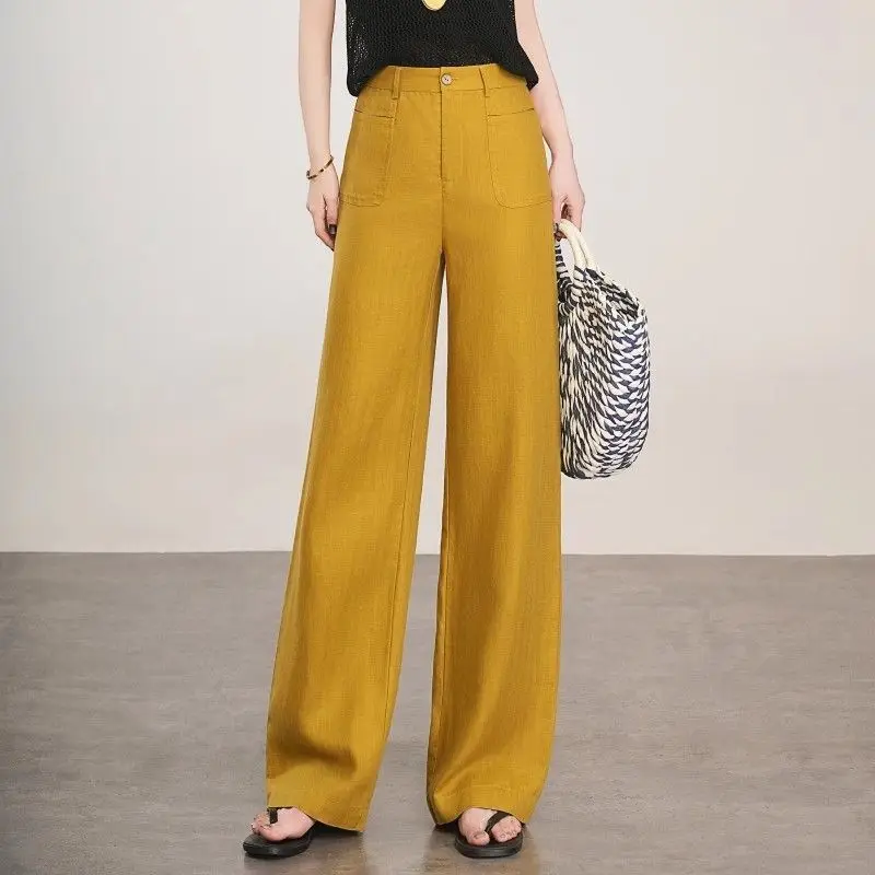 Lniane spodnie damskie z wąskimi prostymi nogawkami, luźne, z wysokim stanem, na lato, codzienne, szerokie, krótkie spodnie.