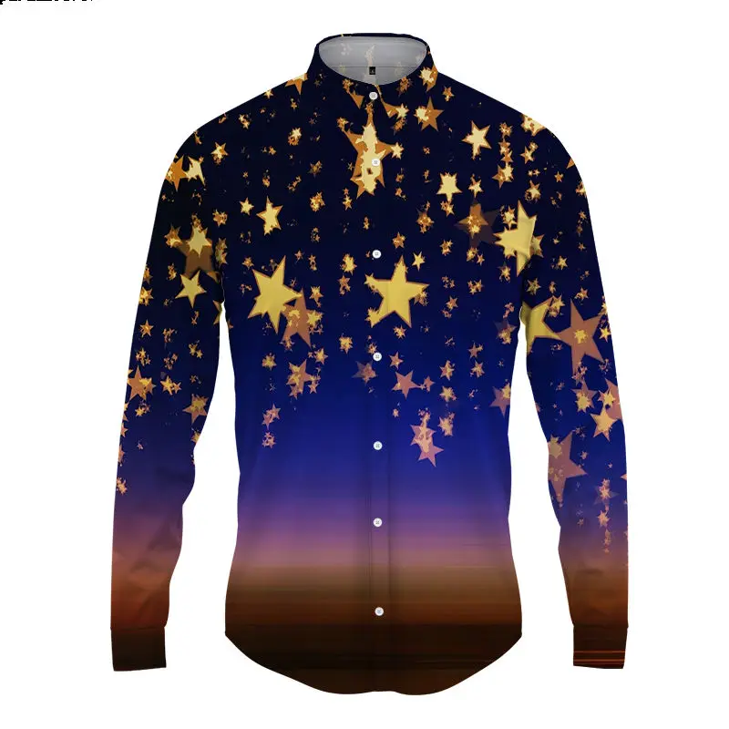 

Fashion Men's Shirt Single breasted Shirt Casual Purple Star Sky Print Long Sleeve Top Men's Clothing Hawaiian Open Front Print