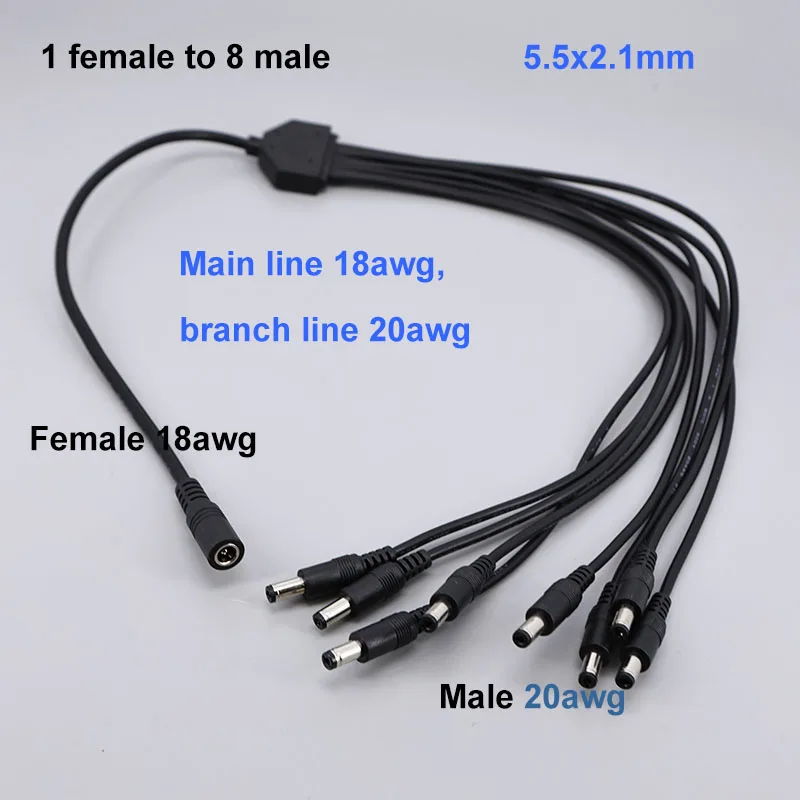 0.7M Long 12V 24v DC 1 Female to 2 3 4 5 8 way Male connector Cable Power Supply extend Splitter 18awg 7A for strip 5.5x2.1mm