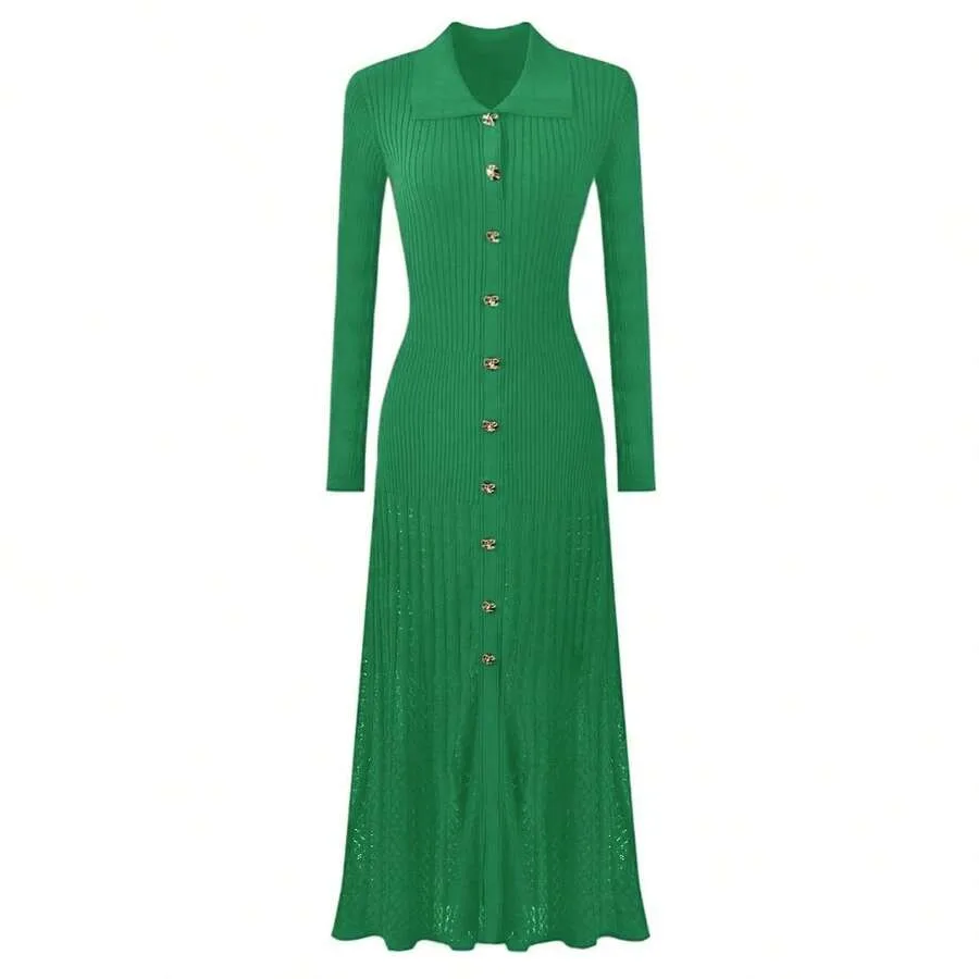 

【New style】Women's Elegant Turn-Down Collar Knit Long Dress, New Early Autumn Long-Sleeve Dress, High-Elasticity Dress