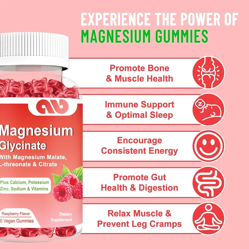 Magnesium glycinate gummies 400mg, adult and children's magnesium gummies, support relaxation and muscle building, 60 gummies