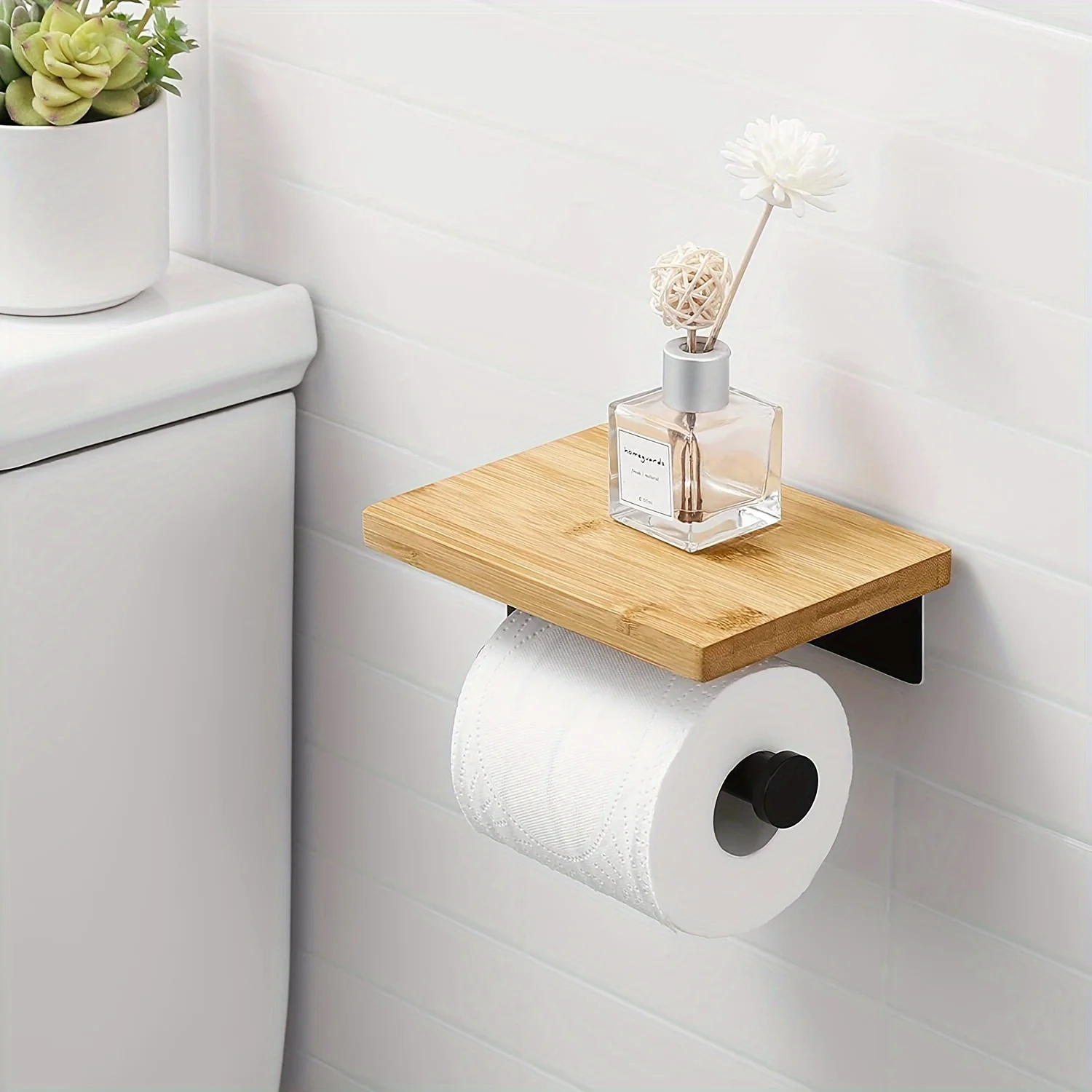 1pc Wooden Board Paper Towel Holder, Toilet Restroom Self-adhesive Paper Towel Holder, Phone Shelf, Bathroom Accessories, Bath  