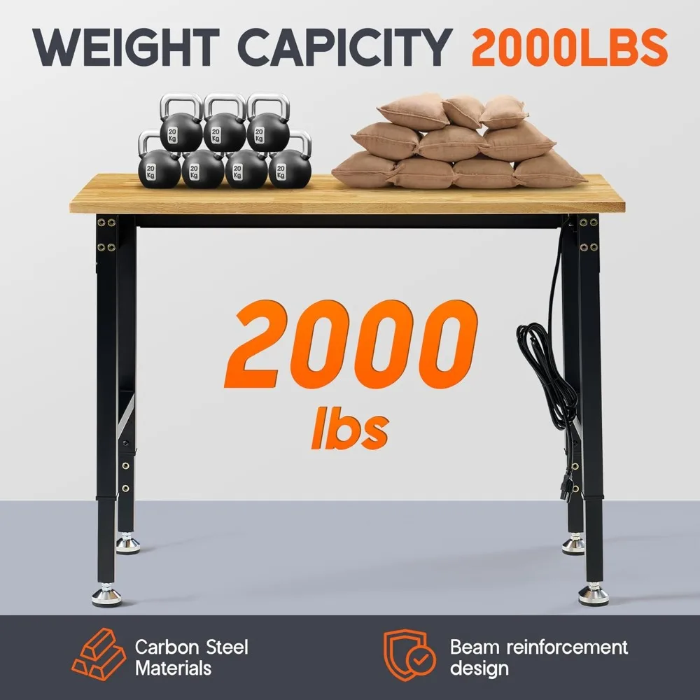 منضدة عمل قابلة للتعديل مقاس 44 × 20 مع منافذ طاقة، منضدة عمل خشبية شديدة التحمل بقوة 2000 رطل مع خطافات، سطح من الخشب المطاطي الصلب #4