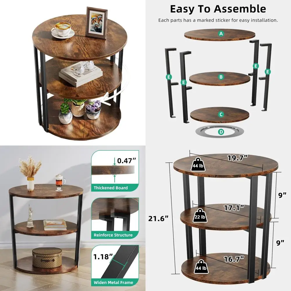 

Vintage Brown 3-Tier Lazy Susan Side Table for Living Room, Bedroom, and Small Spaces