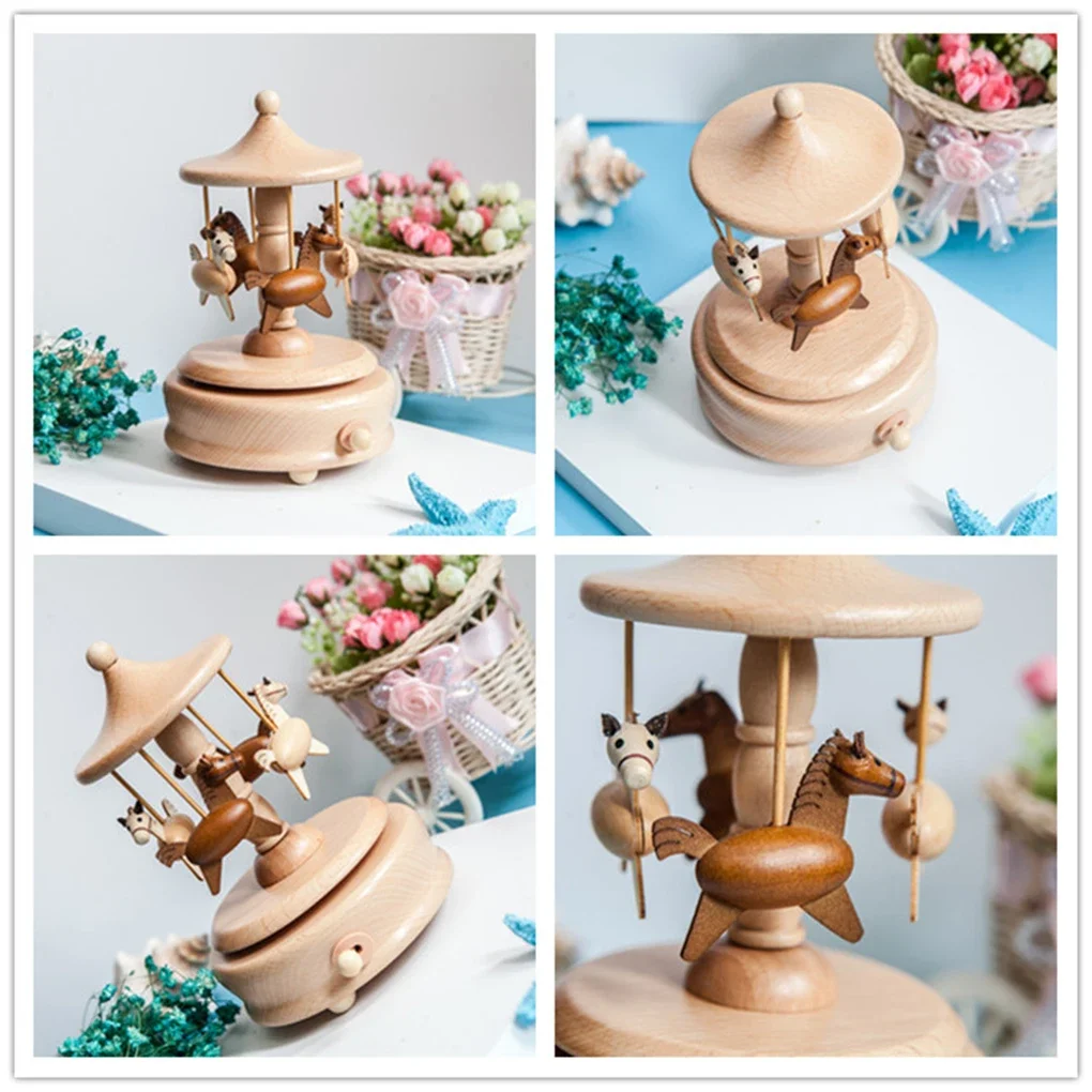 Wooden Carousel Music Box Ornaments Rotatable Hand-cranked Music Box DIY Handmade Birthday Christmas Gift Children’s Toys