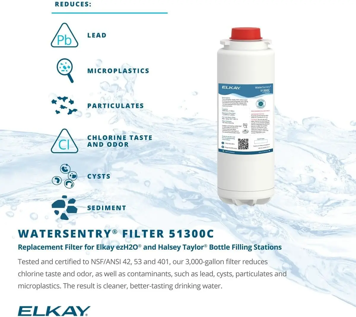 

Elkay 51300C WaterSentry Lead + Microplastics NSF/ANSI Certified Filter (3-Pack) (Bottle Fillers)