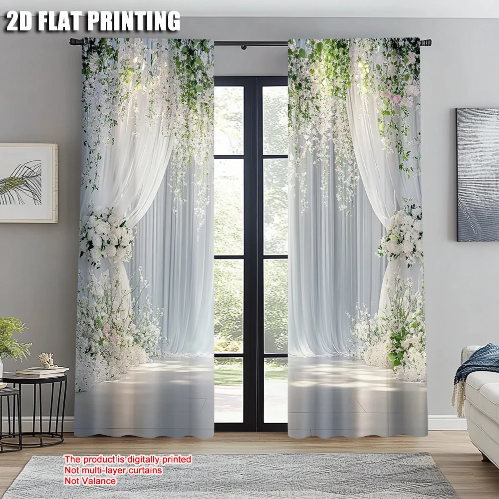 2pcs White Floral Curtains Romantic Wedding Arch Window Drapes Elegant Hanging Flower Art Living Room Bedroom Decor