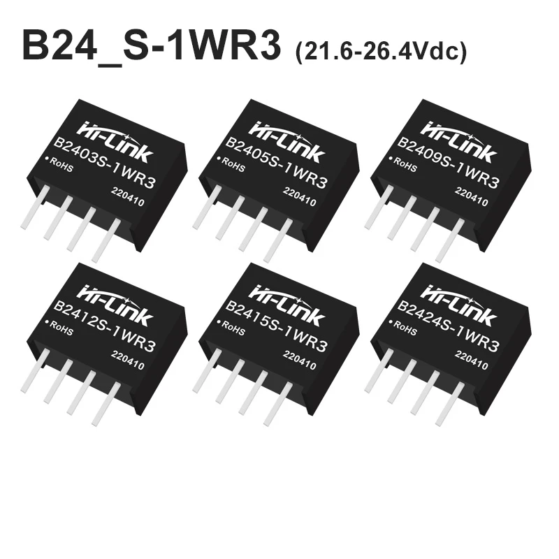 Hi-Link B24_S-1WR3 1W 3.3V/5V/9V/12V/15V/24V DC-DC Single Output Power Converter Module 21.6-26.4V