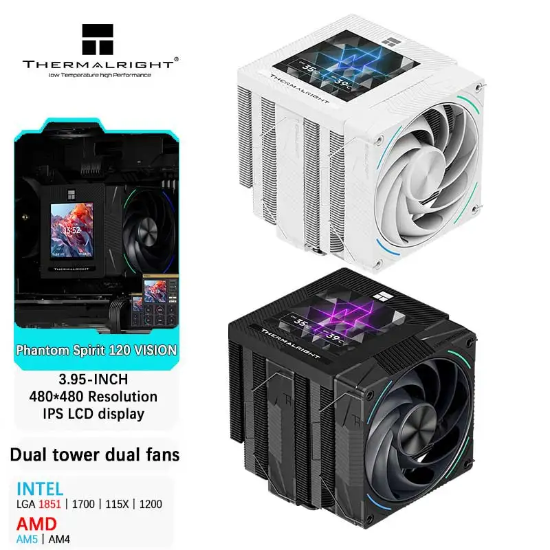مبرد وحدة المعالجة المركزية Thermalright Phantom Spirit 120 VISION ثنائي المروحة مع شاشة IPS LCD مقاس 3.95 بوصة يدعم LGA1851/1700 AMDAM5