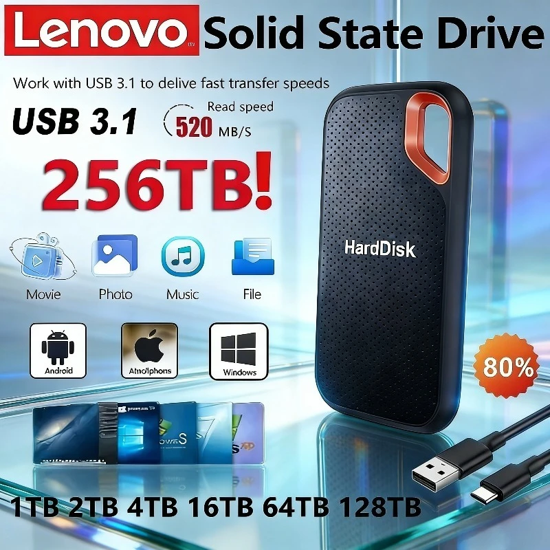 

Внешний жесткий диск Lenovo USB 3.1 HD Mobile SSD E61 2 ТБ, 6 ТБ, 8 ТБ, 256 ТБ для ноутбуков, PS5, мобильных устройств, HDD-накопителей