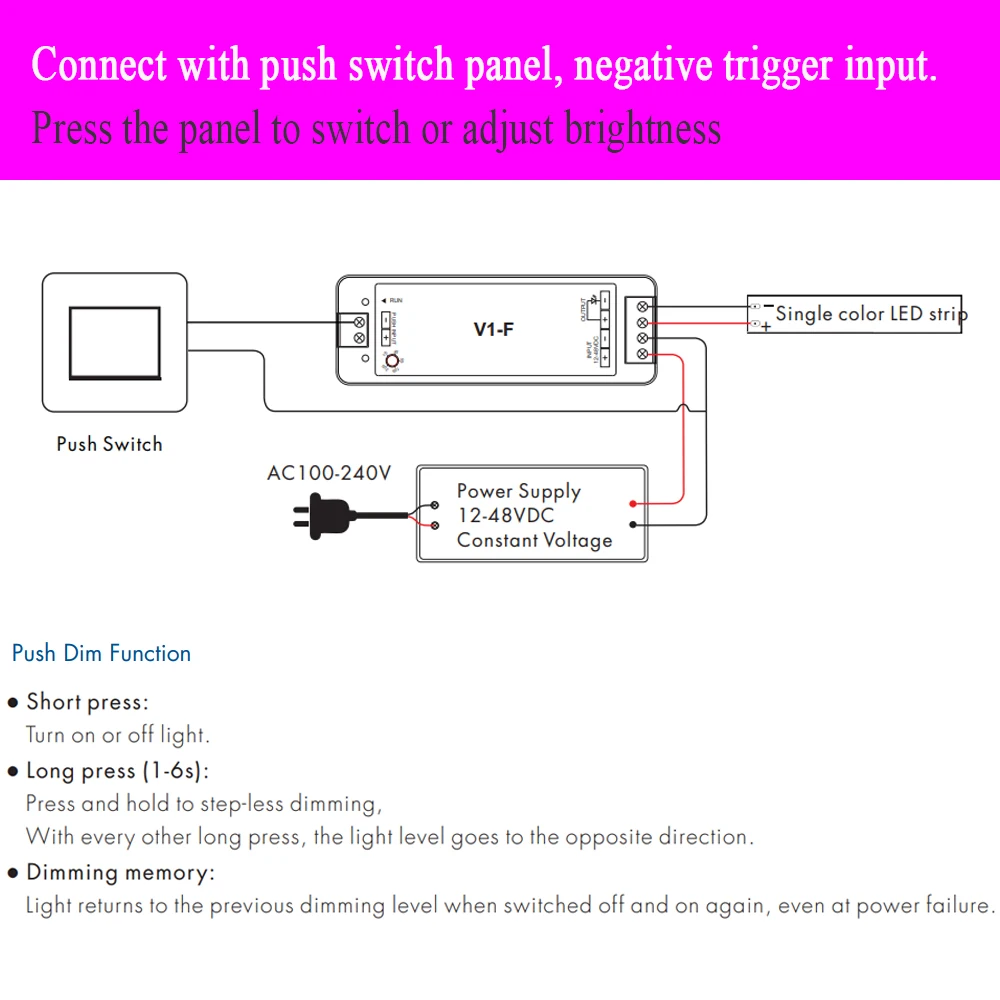 Fade-in Fade-out Push RF LED Dimmer V1-F 5 Fading Speed Push Dimming DC 12V 24V 36V 48V Match With 2.4G Remote Controller