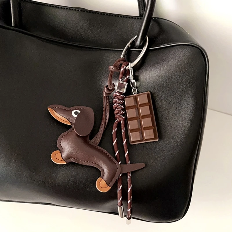 

E74B PU Leather Dachshund Puppy Dog Keychain Bag Pendant Braided Rope Keyring Backpack Handbag Charm Decorative Accessories