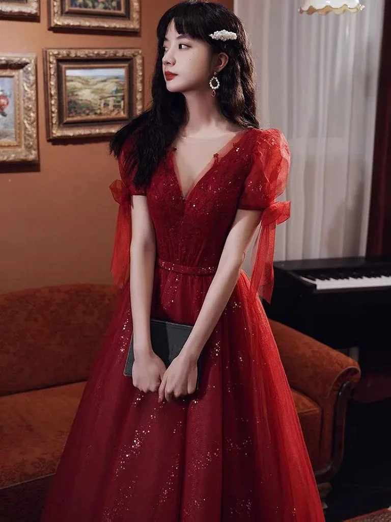 Wine Red Cocktail Dresses V-Neck Ribbon A Line Puff Sleeve Tulle Sequin Beaded Gown Prom Party Bridal Toast Clothing Robe De