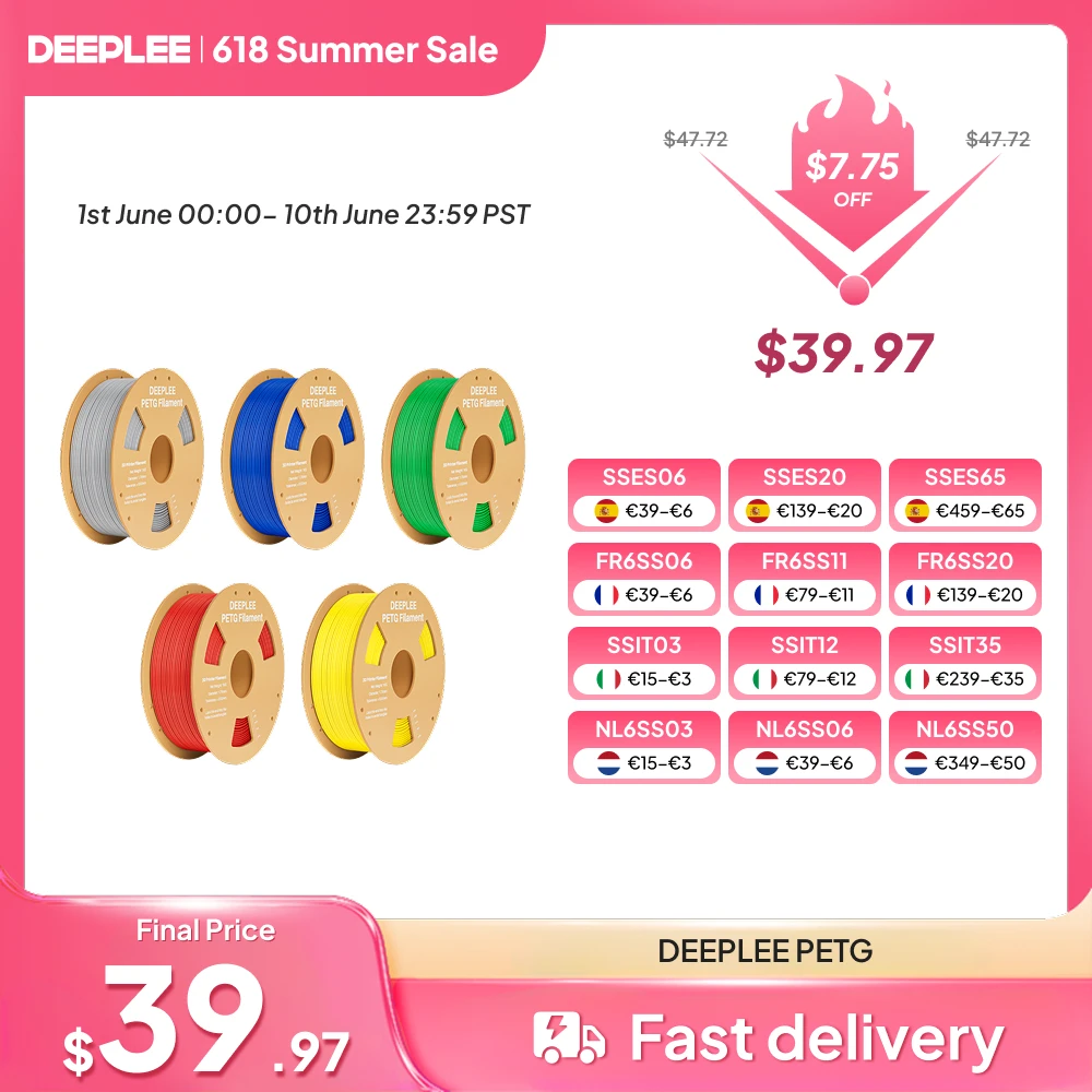 Filament d'imprimante 3D DEEPLEE PETG 5/10KG 1,75 mm, compatible avec les imprimantes 3D FDM pour Neptune 4 plus, noir, blanc, CZ/DE