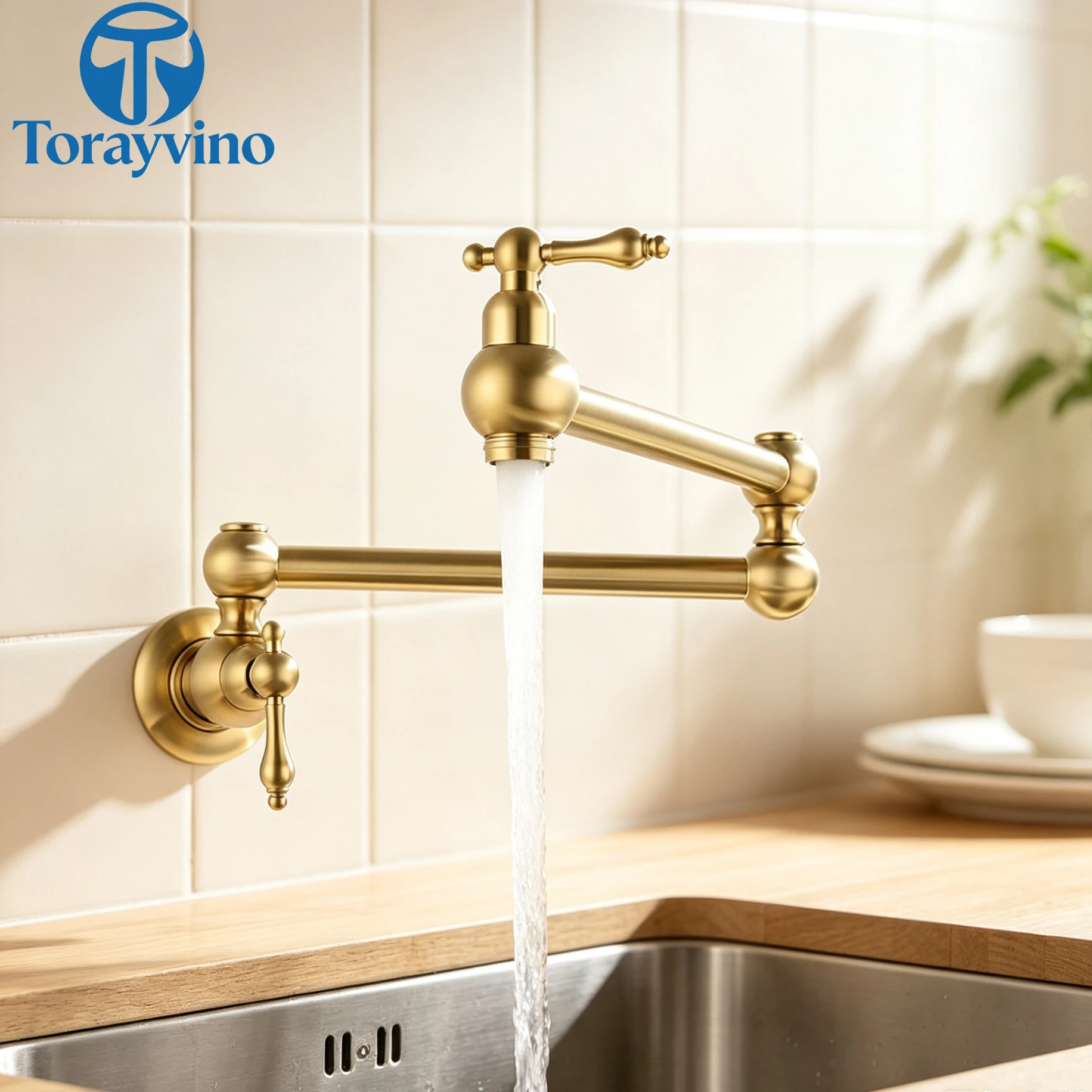 Torayvino Antique Wall-Mounted Brass Kitchen Faucet Single-Hole Double-Switch Sink Rotatable And Foldable Single Cold Wall Taps
