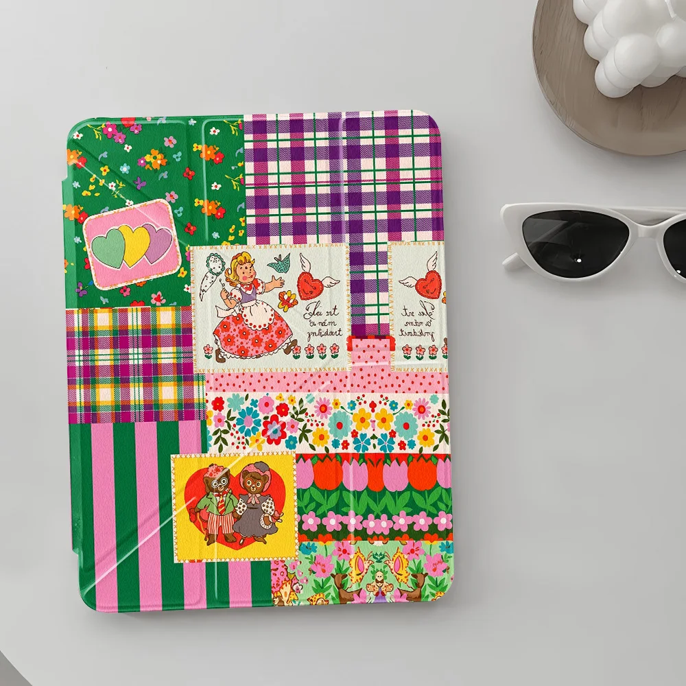 Vintage Patchwork Cartoon Y‑shape Tri‑Fold Protective Cover for Apple iPad Pro 12.9 13 11 Air 4 5 11 Mini 6 7 8.3 Inch Case
