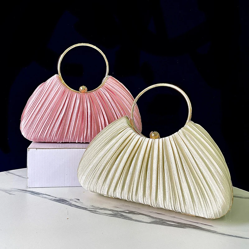

Elegant Pleated Evening Clutch Bag Compact Stylish Sleek Shiny Textured Purse Metal Handle Handbag Dinner Party Cheongsam Bags