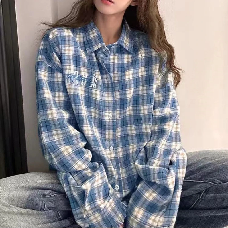 American Tide Embroidery Plaid Long Sleeve Shirt Women\'s Spring Tassel Design Couple High Street Shirt Jacket Korean Version