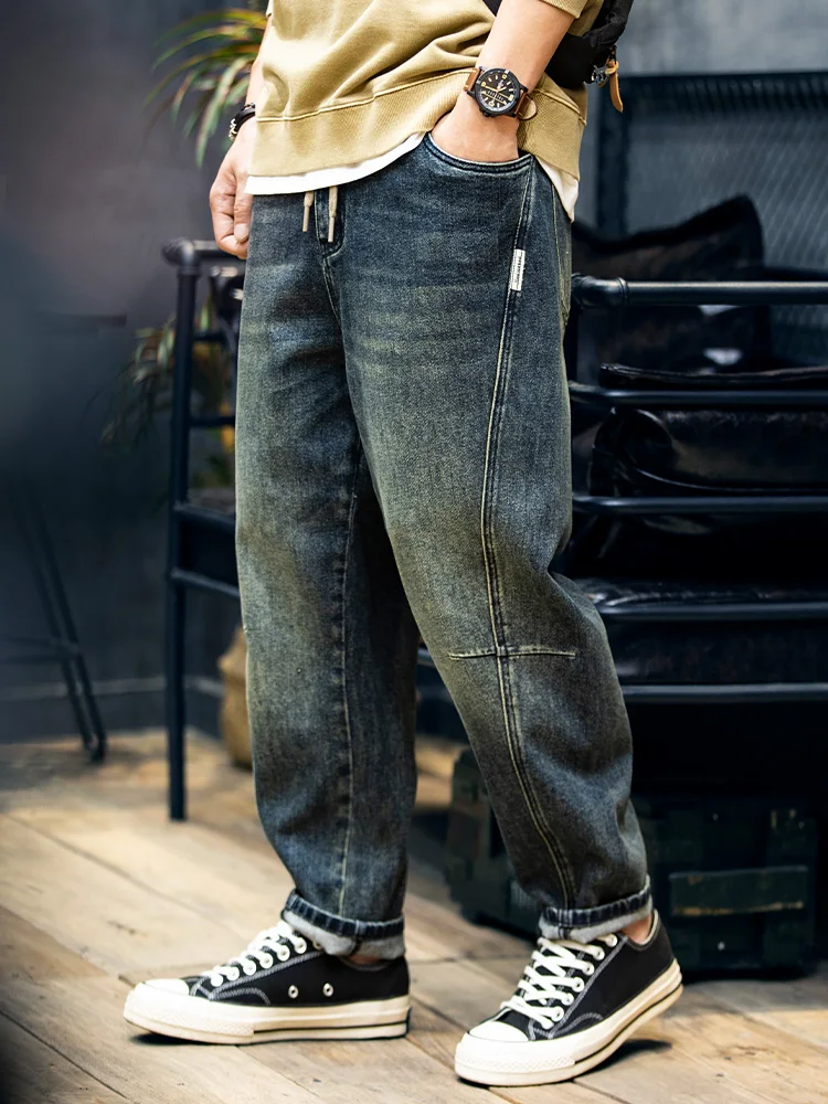 Patchwork Denim Jeans Men's Spring American Trendy Loose Straight Harem Pants Vintage Elastic Casual Long Trousers