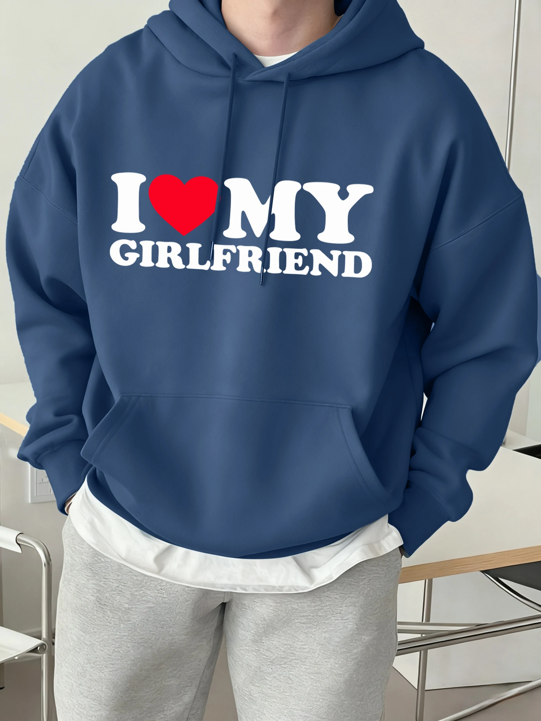 I Love My Girl Friend Muster Täglicher Kapuzenpullover Herren Rundhalsausschnitt Fleece Kleidung Lose Herbstpullover Unisex Weiche Vintage Langarm