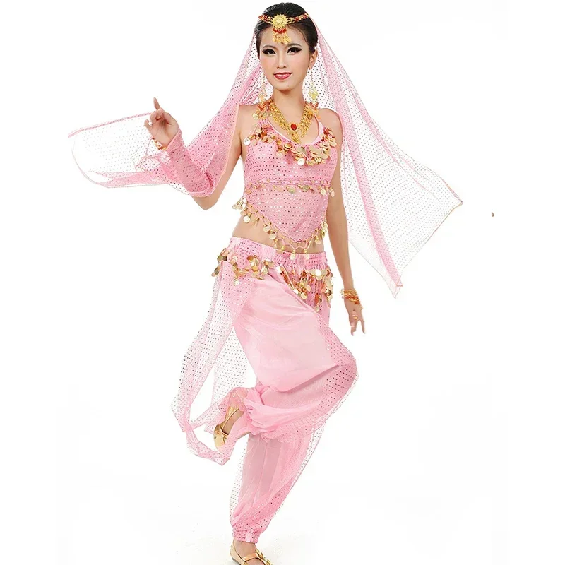 Donne signore Bollywood costumi di danza del ventre India Arabian Stage Coins Lace-up Back Top Harem Pants Costume di Halloween Cosplay