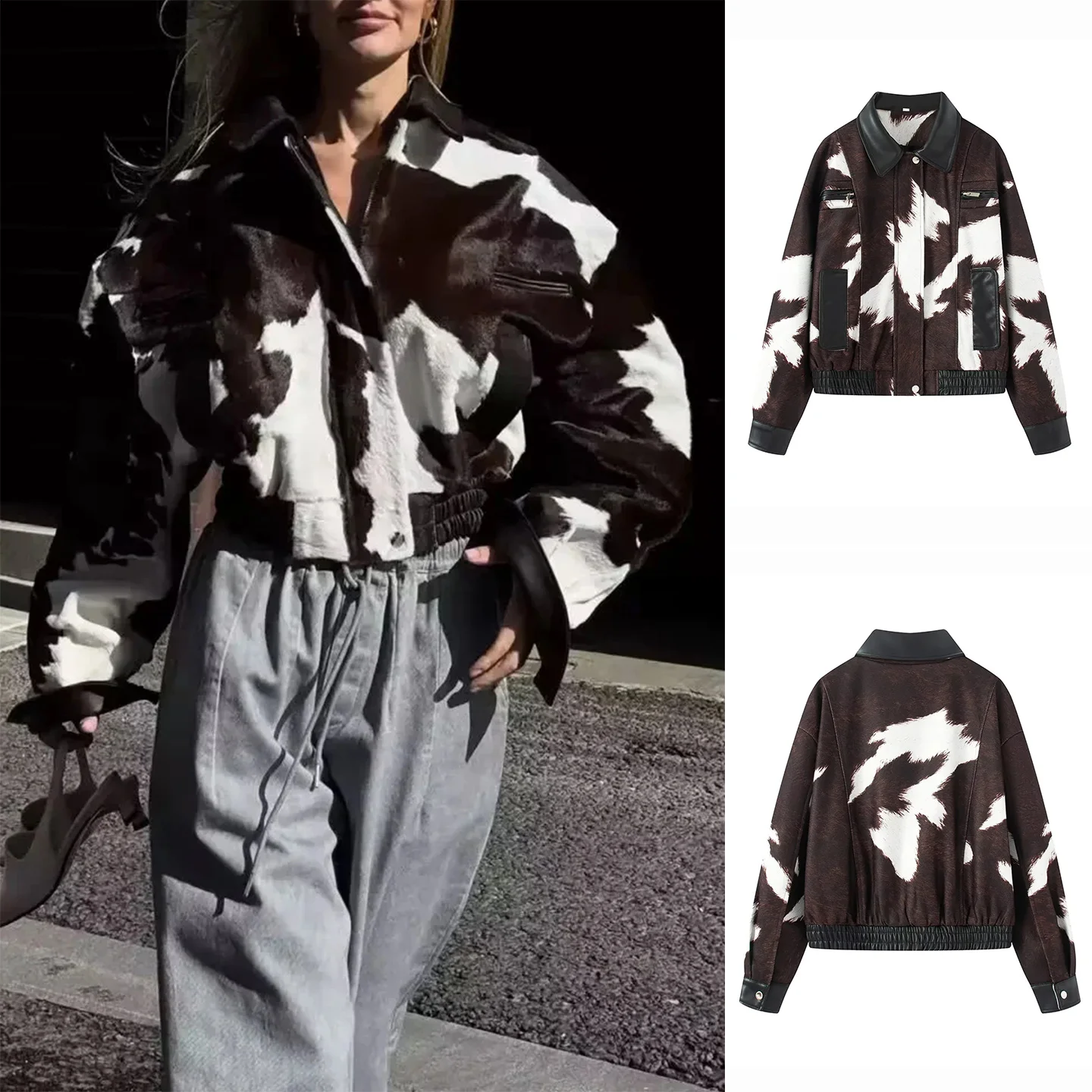 خريف شتاء جديد المرأة الأمريكية الشارع Sle الوجه طوق طويل Sve المرقعة بولي Leather الجلود ort Jaet معطف ألياف البوليستر