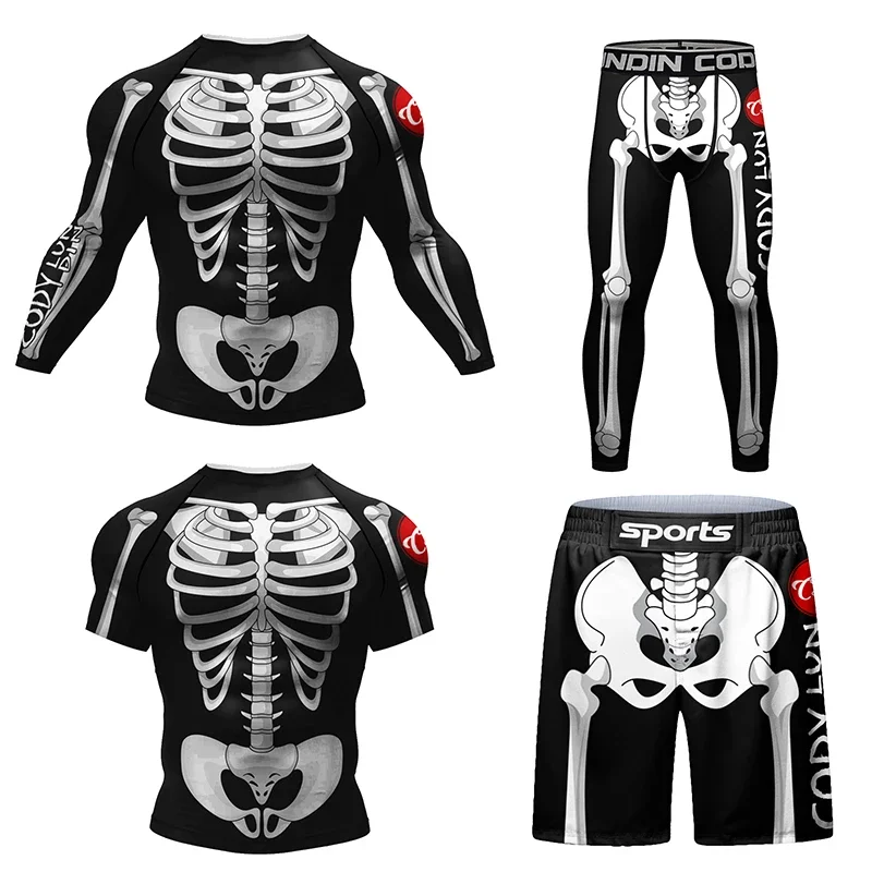 Nieuwe Schedel Rashguard Jiu Jitsu T-Shirt Broek Mma Short 4 Stks/set Braziliaanse Worsteling Bjj Boks Truien Rash Guard Sportkleding