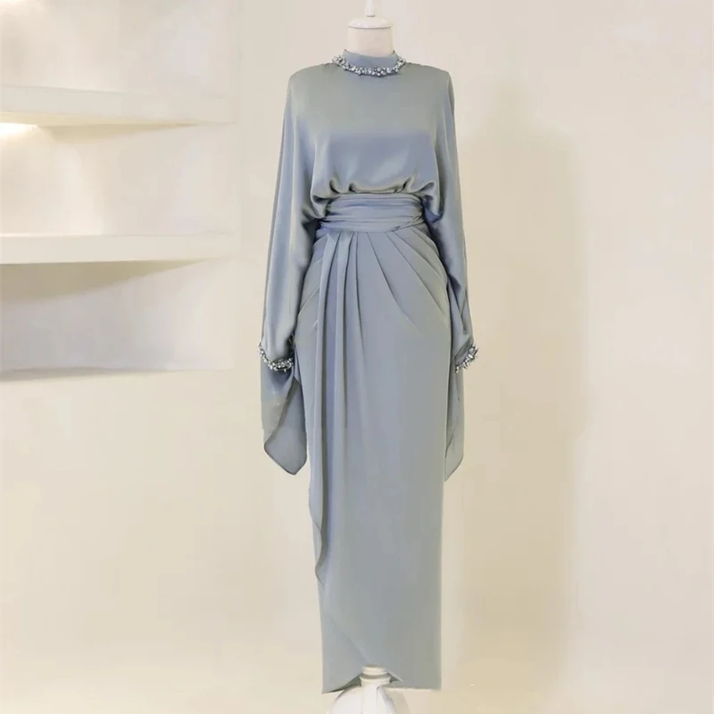 

2024 Women's Formal Party Dress Modern Blue Satin Ball Dress High Collar Muslim Ball Dress Saudi Arabian Dubai Ball Dressing