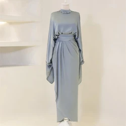 2024 Women's Formal Party Dress Modern Blue Satin Ball Dress High Collar Muslim Ball Dress Saudi Arabian Dubai Ball Dressing